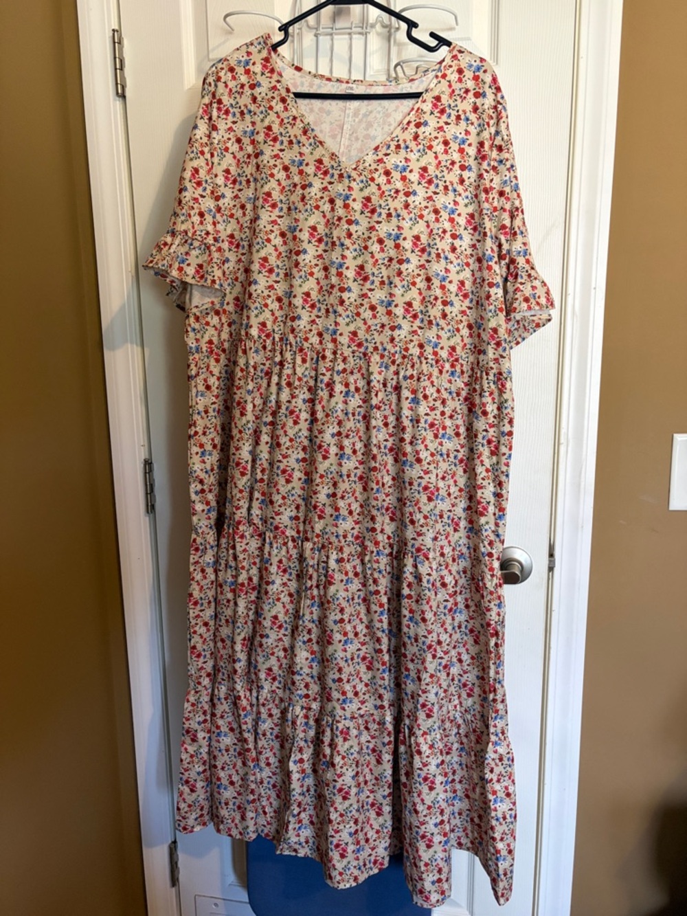 Floral Tiered V-Neck Women’s Dress in Cream with Red & Blue Print